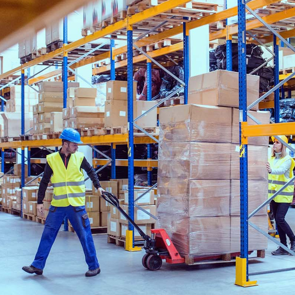 Warehouse with stocked racks